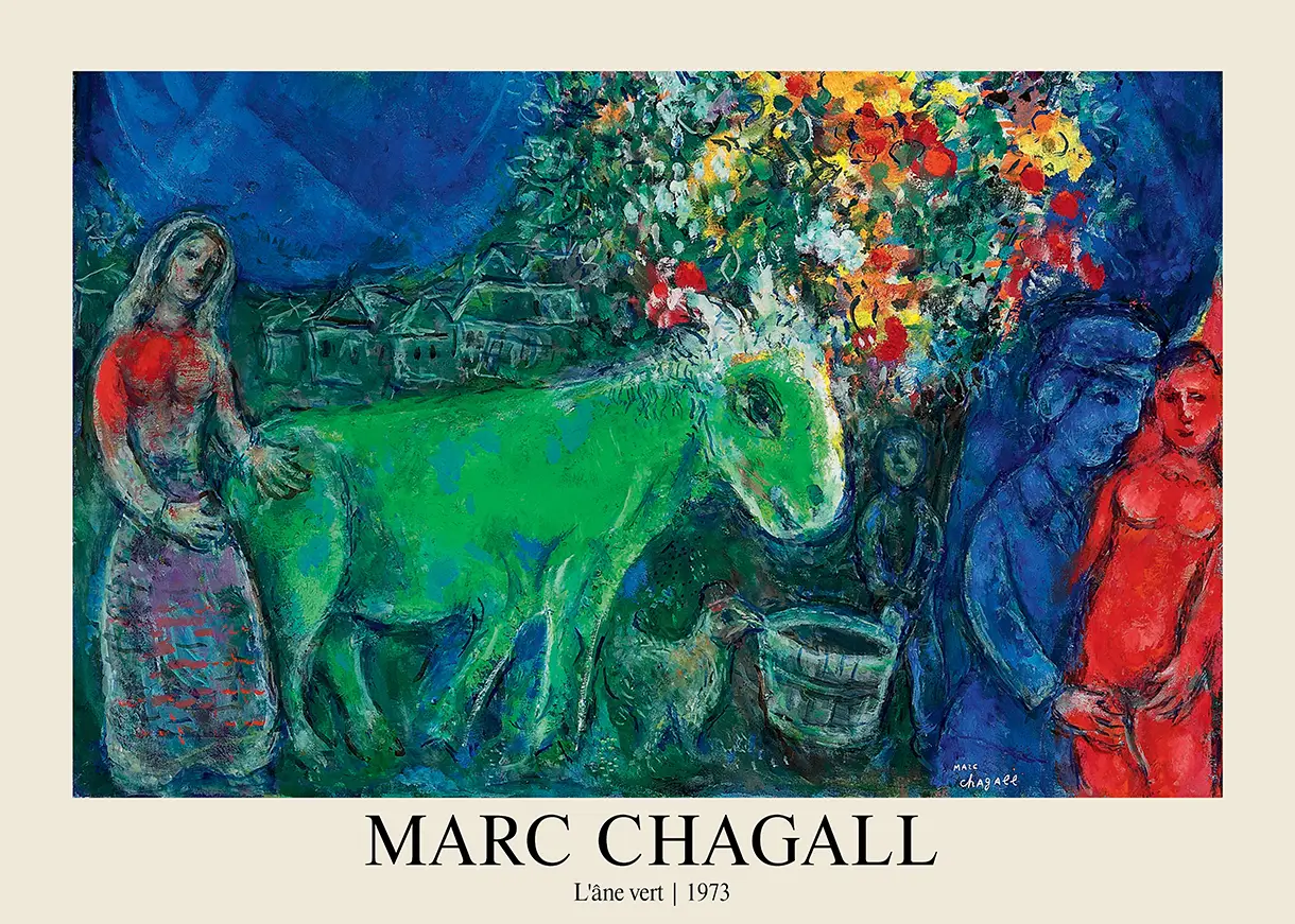 Marc Chagall Print - L'Âne Vert 1973 Modernist Surrealist Wall Art Marc Chagall Print Featuring A Green Donkey, A Woman In Red, And A Bouquet Of Flowers In A Surreal Village Setting.