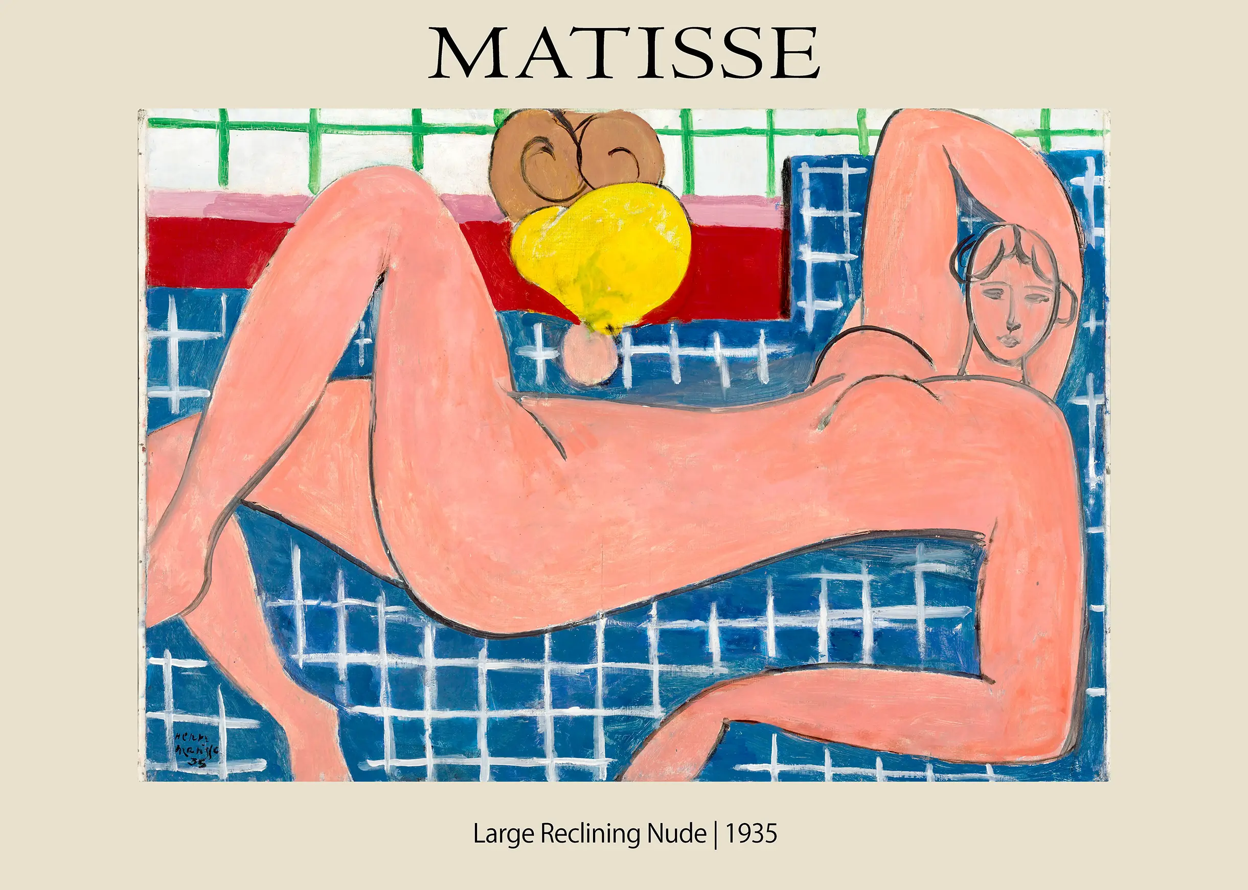 Exclusive Matisse Reclining Nude - 1935 French Fauvist Exhibition Art Matisse Reclining Nude 1935 Poster Featuring A Pink Female Figure On A Blue Tiled Grid Background With Yellow Accents.