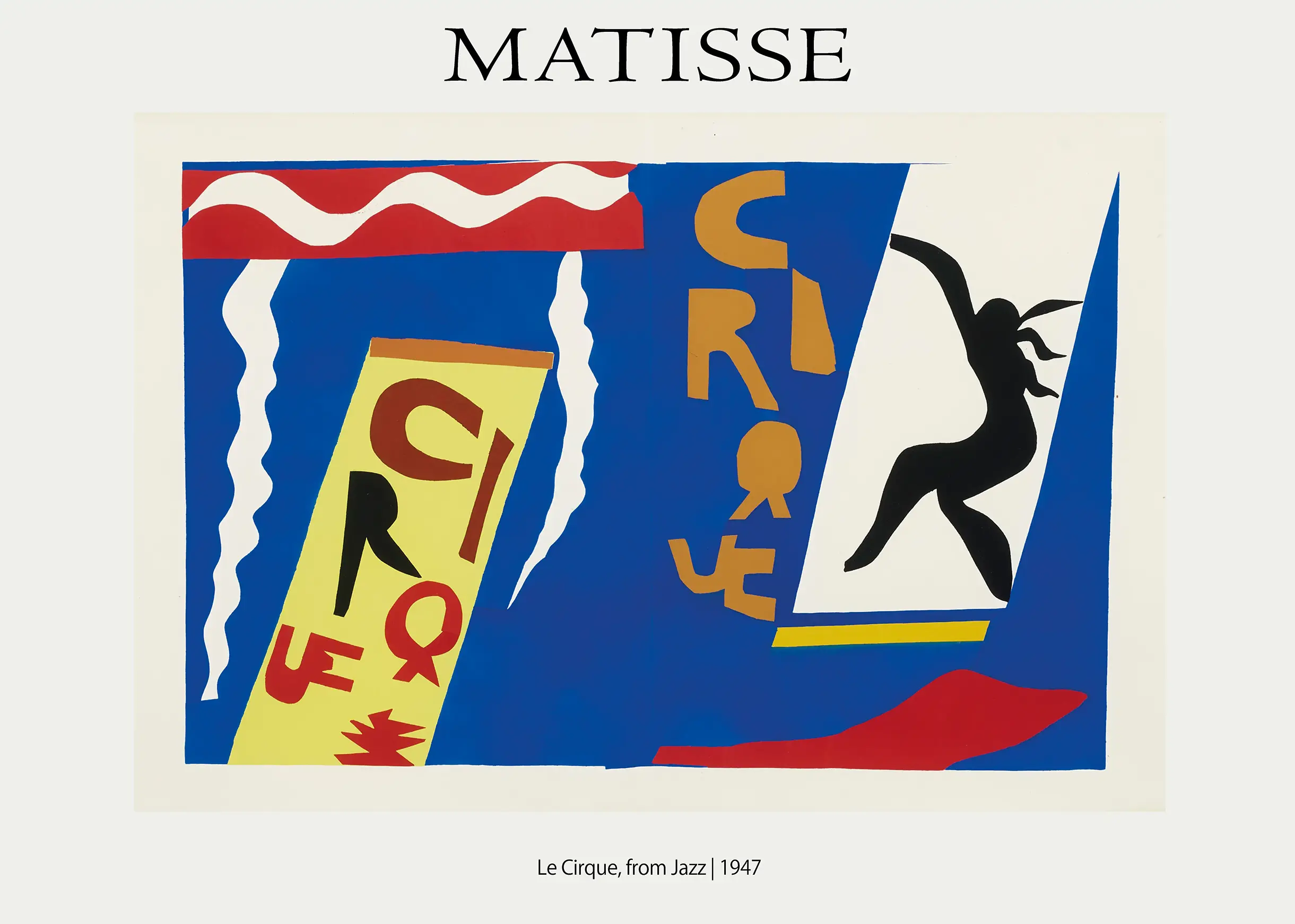 Authentic Matisse Jazz Cirque - 1947 French Modernism Wall Art Print Matisse Jazz Cirque Print Featuring A Blue Abstract Background, Black Silhouette Figure, And Red And Yellow Accents.