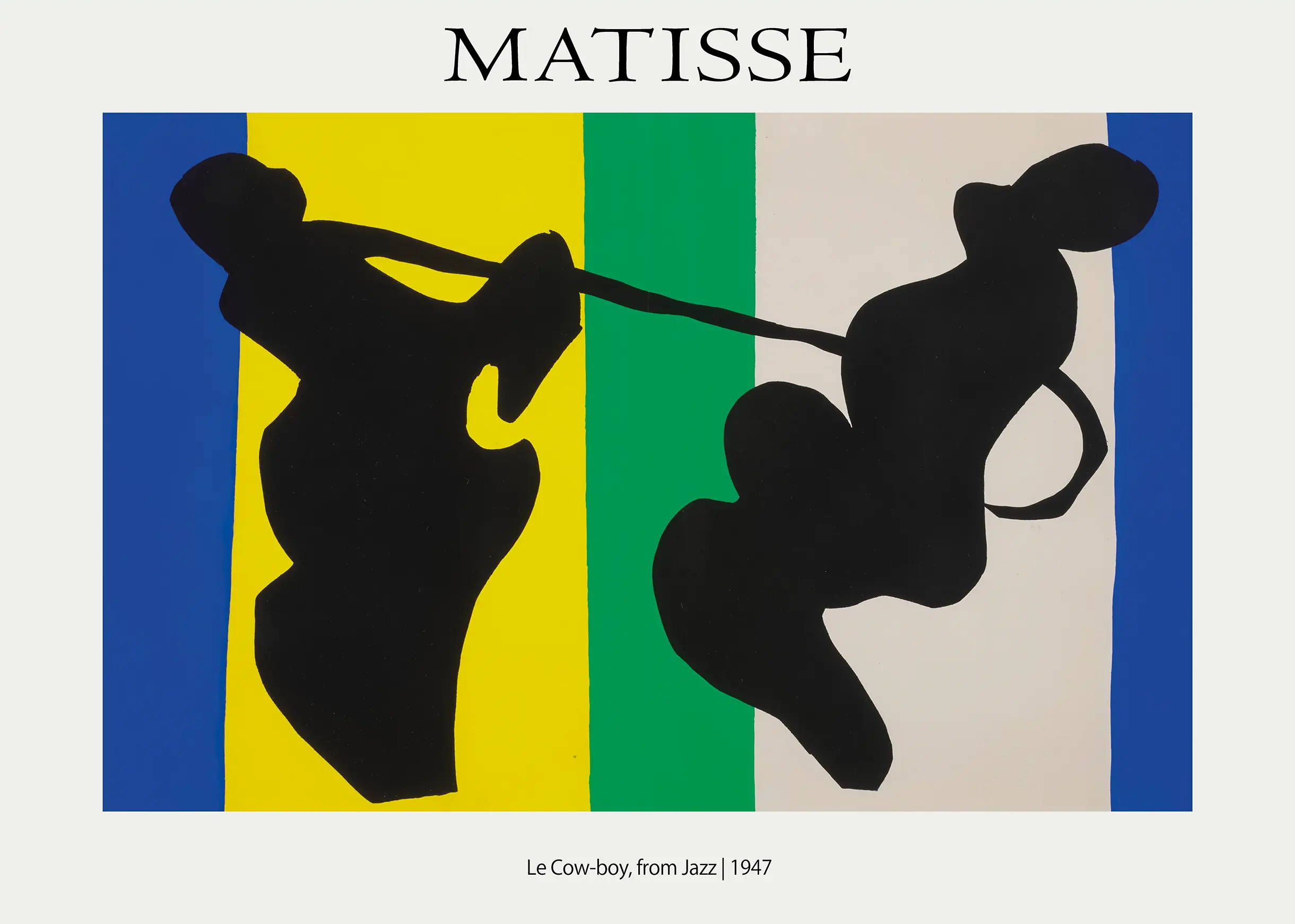 Authentic Matisse Jazz Print - Le Cow-Boy 1947 Vintage Abstract Wall Art Matisse Jazz Print Featuring Le Cow-Boy 1947 With Black Silhouettes Over Vertical Stripes Of Blue, Yellow, And Green.