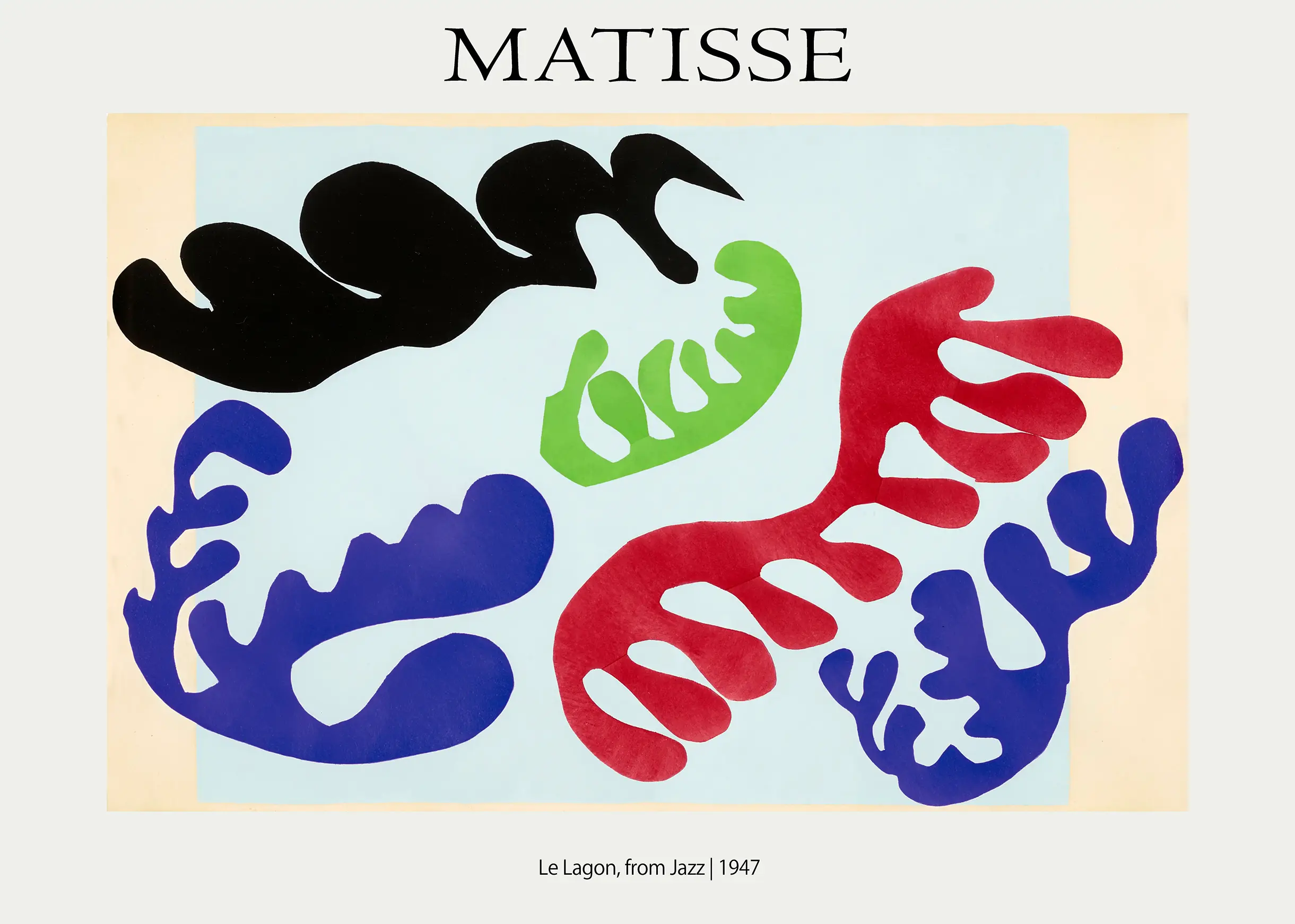 Classic Matisse Jazz Poster - Le Lagon 1947 French Fauvism Wall Art Matisse Jazz Poster Featuring The Colorful Organic Paper Cutouts Of Le Lagon Against A Soft Light Blue Background.