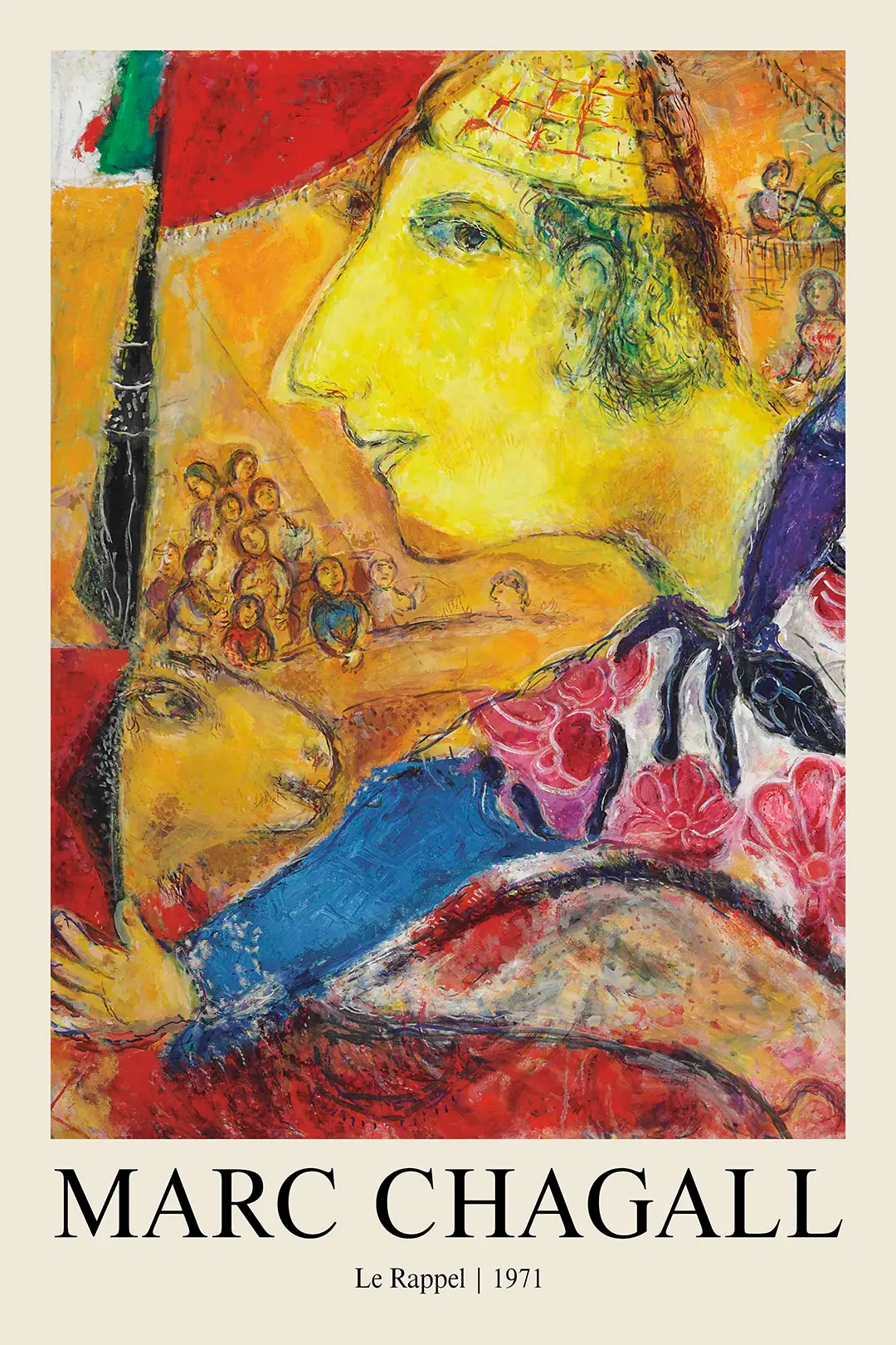 Classic Marc Chagall Le Rappel - 1971 Surrealist French Art Print Marc Chagall Le Rappel Print Featuring A Yellow Profile Face And Surreal Figures In Red And Blue Oil Paint Style.
