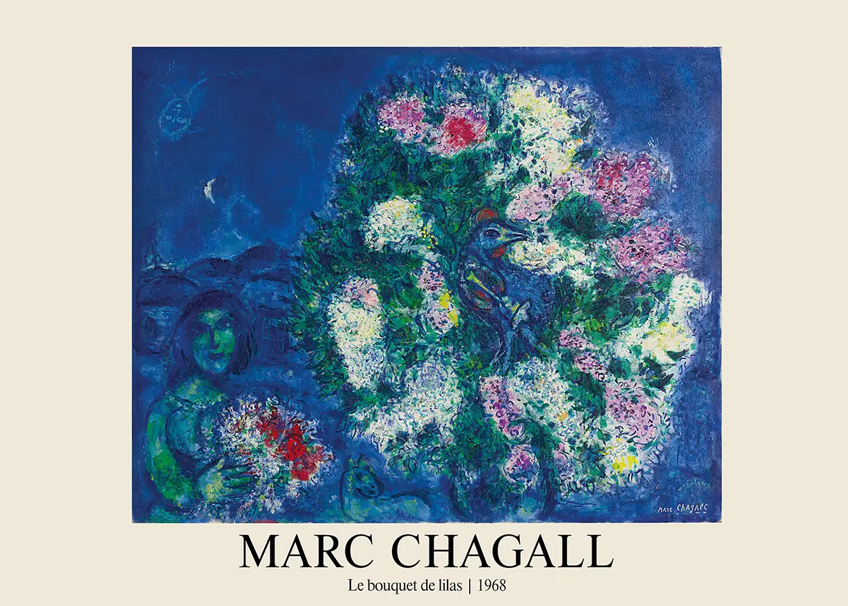 Marc Chagall Lilas Print - Le Bouquet De Lilas 1968 Exhibition Poster Marc Chagall Lilas Print Featuring A Large Lilac Bouquet, A Woman, And A Blue Horse Against A Dark Blue Night Sky.