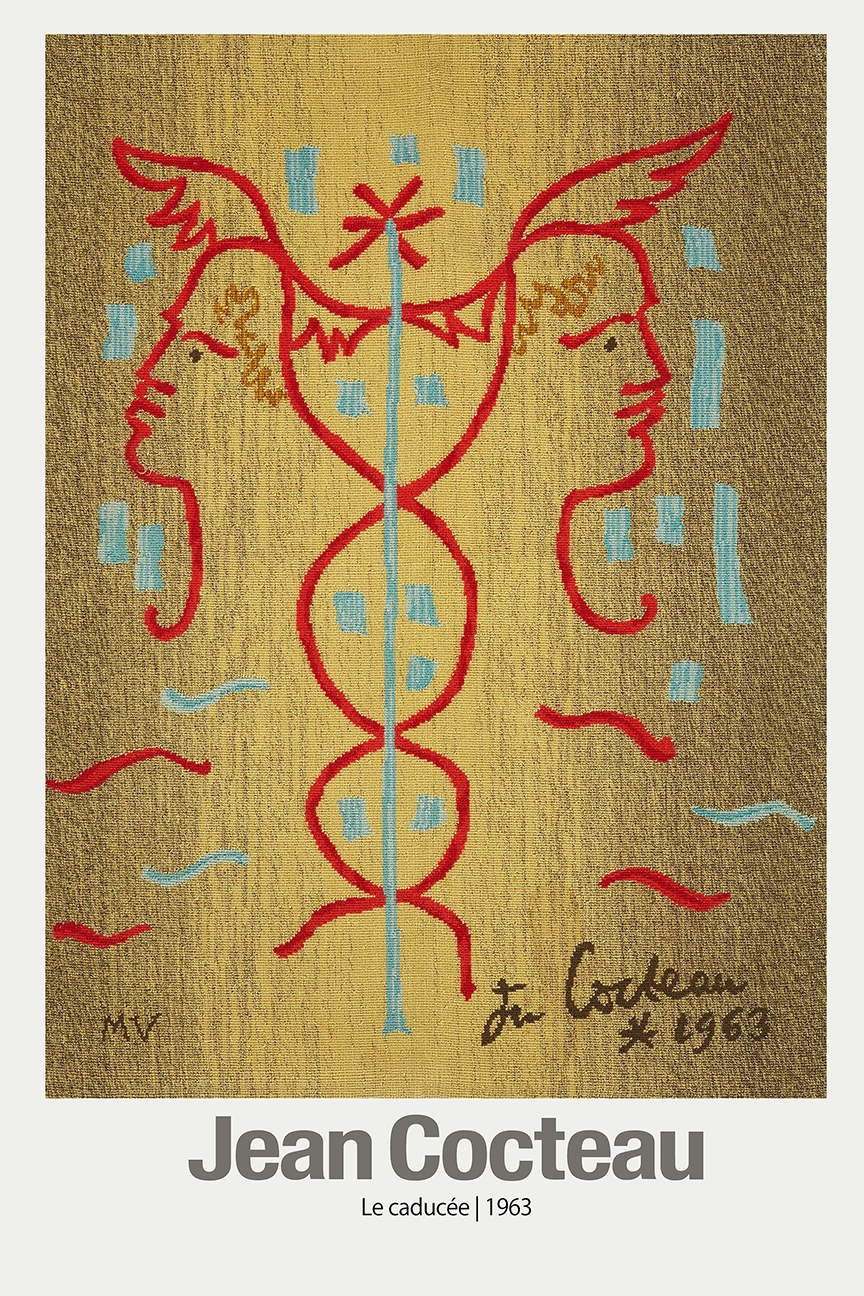 Jean Cocteau Wall Art - Exclusive: 1963 Le Caducée French Modern Print Jean Cocteau Wall Art Showing Red Line Profiles And A Caduceus Symbol On A Mustard Yellow Background With Blue Accents.