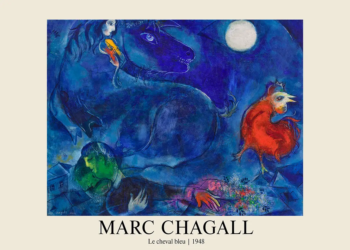 Marc Chagall Print - Le Cheval Bleu 1948 Surrealist Wall Art Marc Chagall Print Le Cheval Bleu 1948 Featuring A Blue Horse, Red Rooster, And Violinist Over A Village.