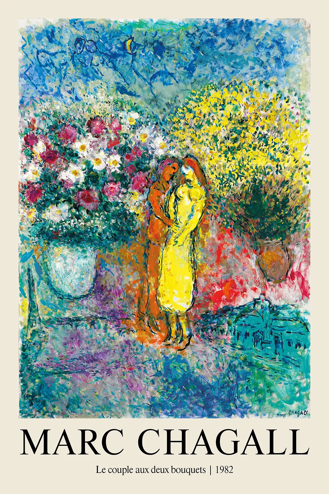 Marc Chagall Art Print - Le Couple Aux Deux Bouquets 1982 Gallery Poster Marc Chagall Art Print Of An Embracing Couple Between Red And Yellow Floral Bouquets Against A Dreamlike Blue Background.