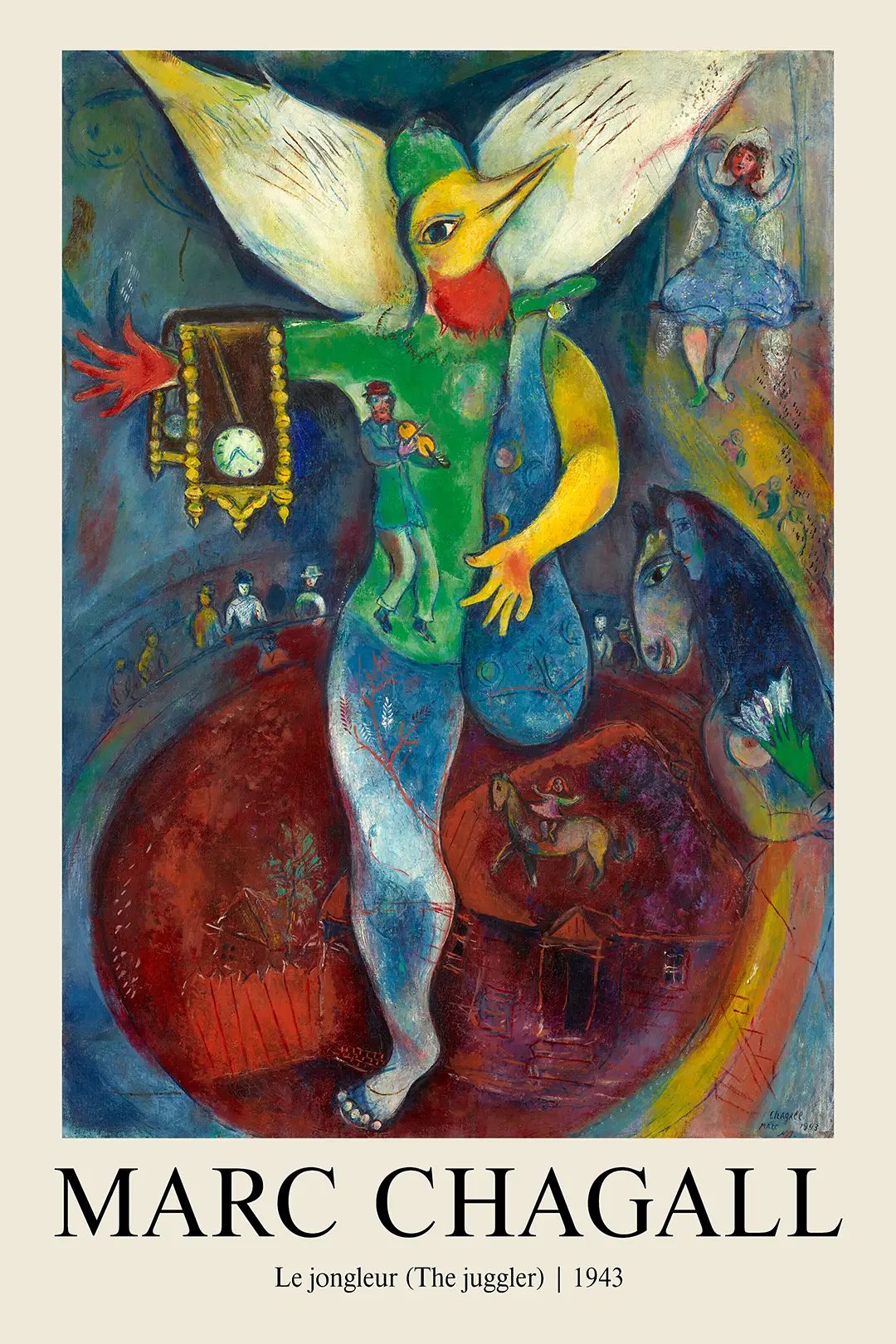 Classic Marc Chagall Juggler - 1943 Surrealist Circus Wall Art Print Marc Chagall Juggler 1943 Surrealist Print With Bird-Head Figure Holding A Gold Clock In A Blue And Red Circus Ring.