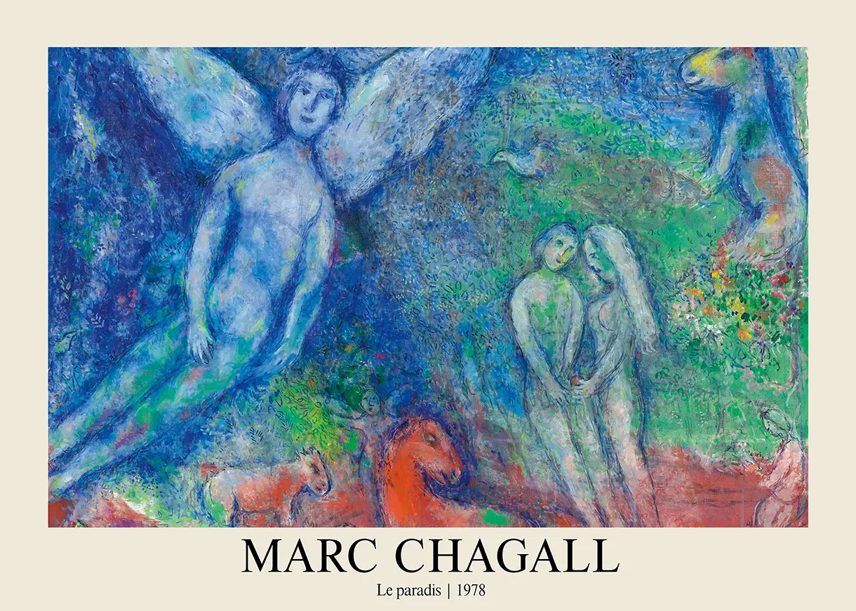 Marc Chagall Le Paradis - 1978 Surrealist French Exhibition Poster Marc Chagall Le Paradis Poster Showing A Large Blue Angel Floating Over A Couple And Animals In A Green Garden.
