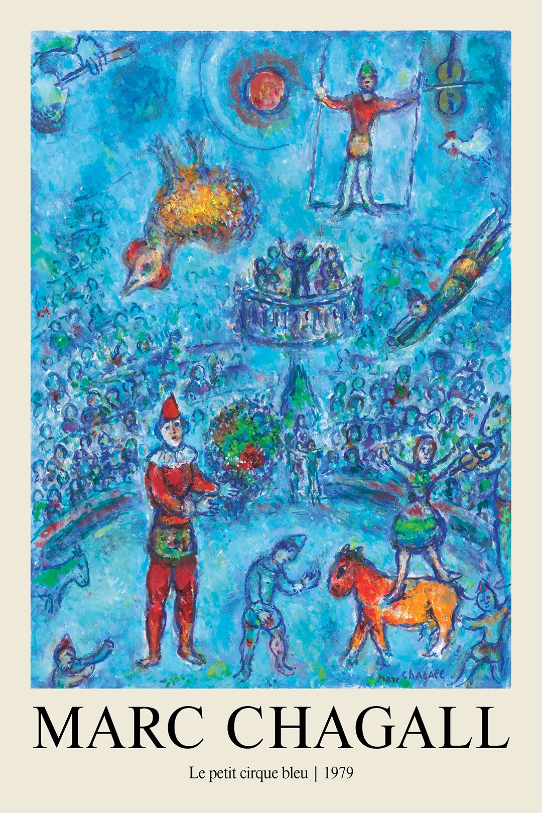 Classic Marc Chagall Circus Print - Le Petit Cirque Bleu 1979 Art Poster Marc Chagall Circus Print Showing Le Petit Cirque Bleu With Red Clown And Blue Dreamlike Horse Rider In 1979 Surrealist Style.