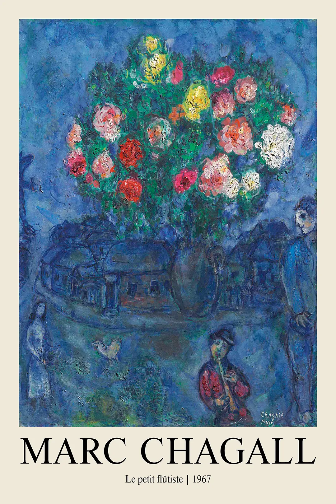 Marc Chagall Print - Le Petit Flutiste 1967 Modernist French Wall Art Marc Chagall Print Of Le Petit Flutiste With Colorful Roses In A Vase, A Flute Player, And Blue Village Background.