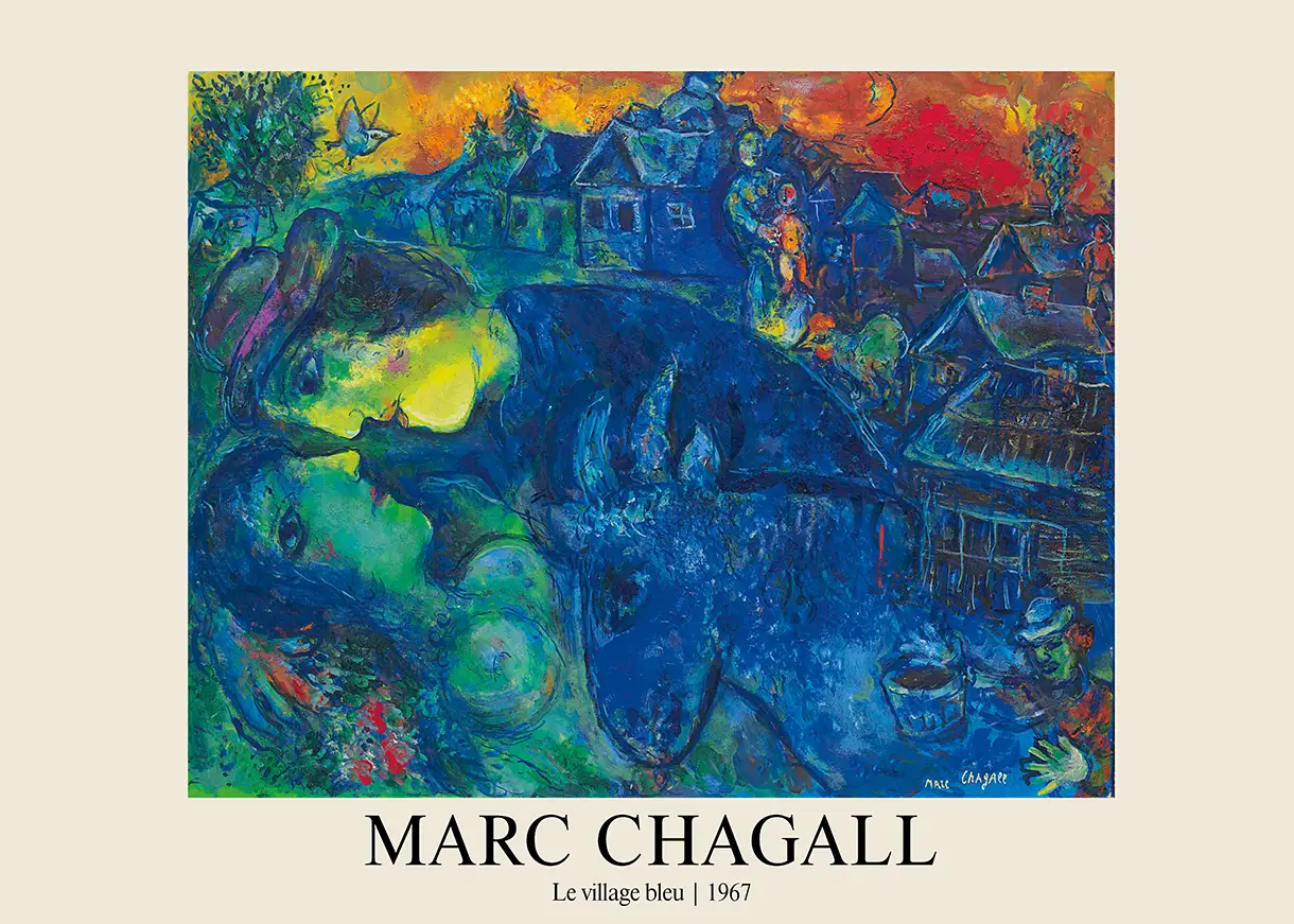 Classic Marc Chagall Print - Le Village Bleu 1967 Modern Art Poster Marc Chagall Print Of Le Village Bleu 1967 Featuring Lovers, A Blue Animal, And A Red Sky In A Surrealist Style.
