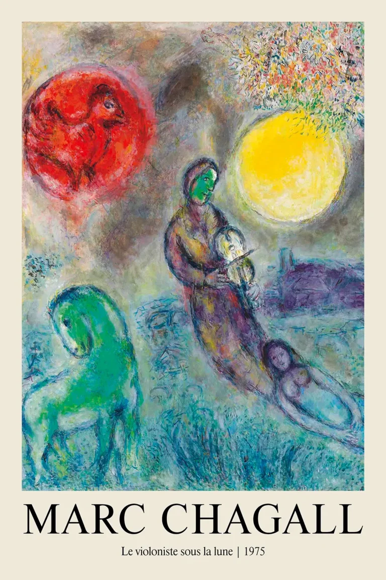 Marc Chagall le Violoniste — dreamlike 1975 scene by Marc Chagall featuring a violinist under a