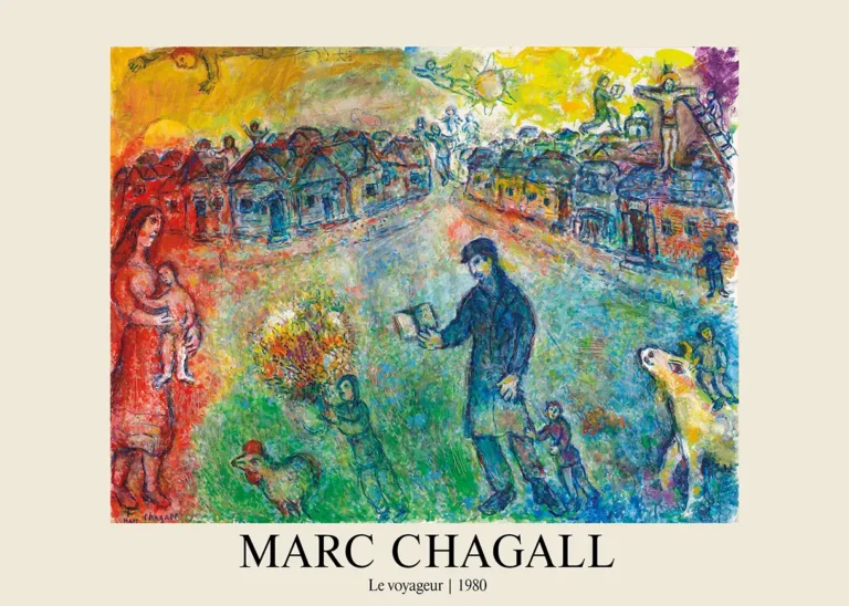 Marc Chagall le Voyageur — this Marc Chagall print features a dreamlike village scene with a