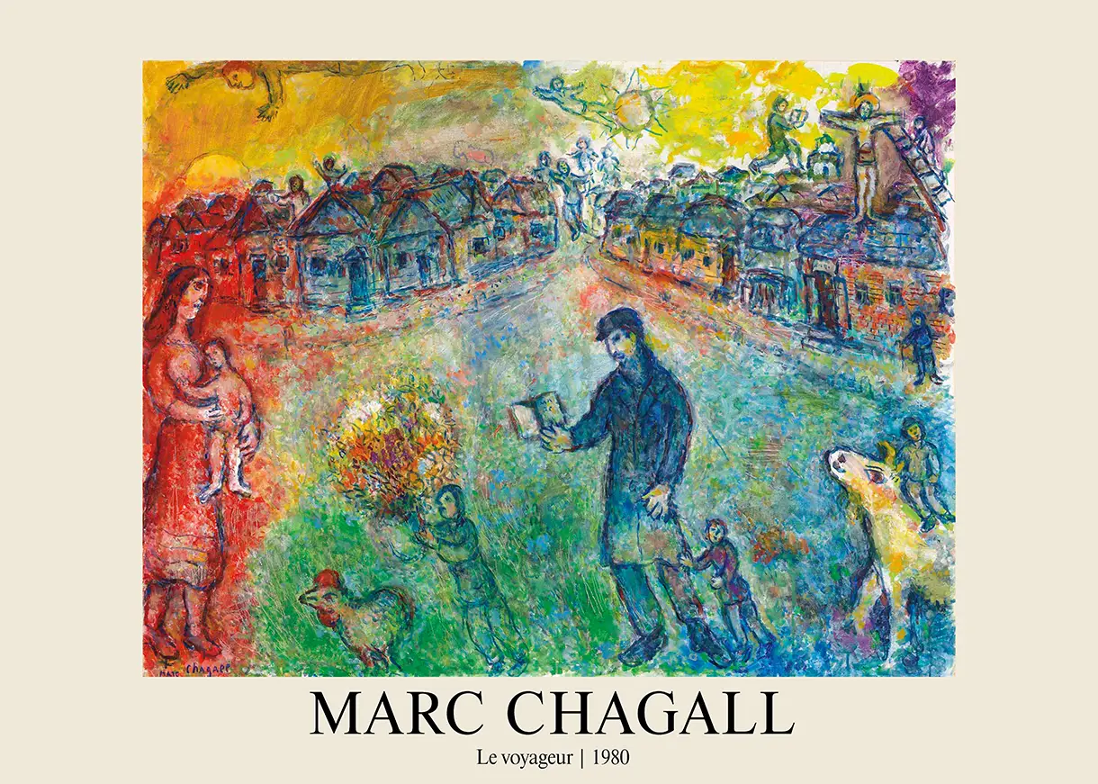 Authentic Marc Chagall Poster - Le Voyageur 1980 Surrealist Art Print Marc Chagall Poster Of Le Voyageur 1980 Painting Showing A Traveler In A Blue Coat And Floating Village Figures.