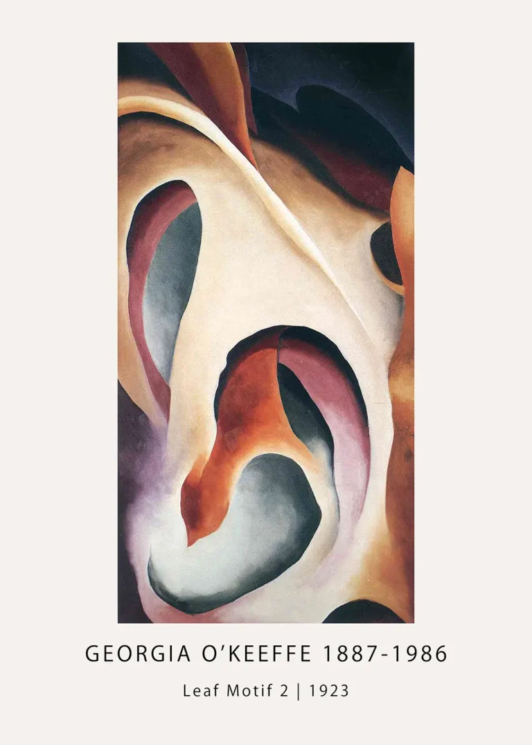 Georgia O'Keeffe Print Leaf Motif 2 1923 featuring abstract organic leaf shapes in red, ochre, and charcoal colors.
