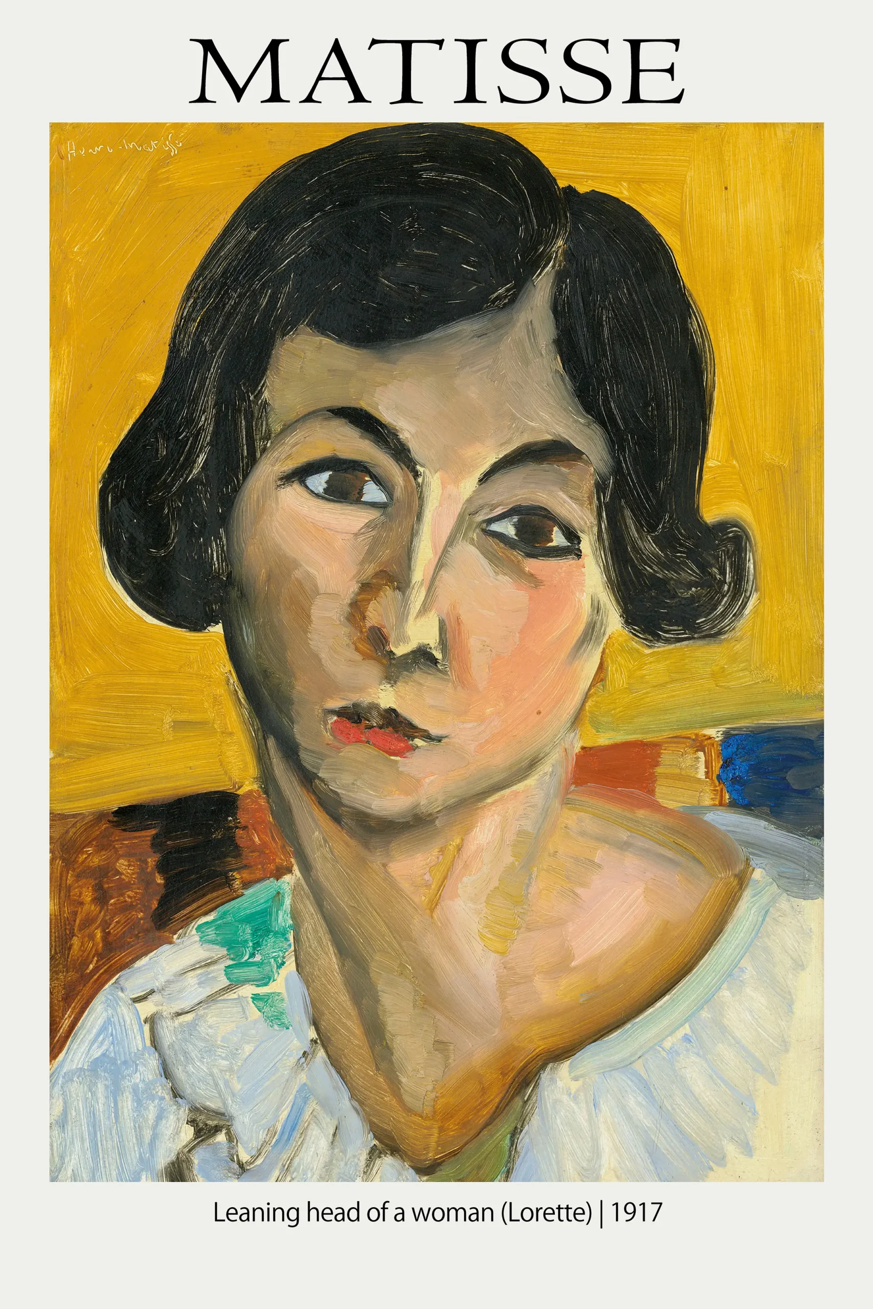Matisse Lorette print showing a 1917 painting of a leaning woman with dark hair against a yellow oil paint background.