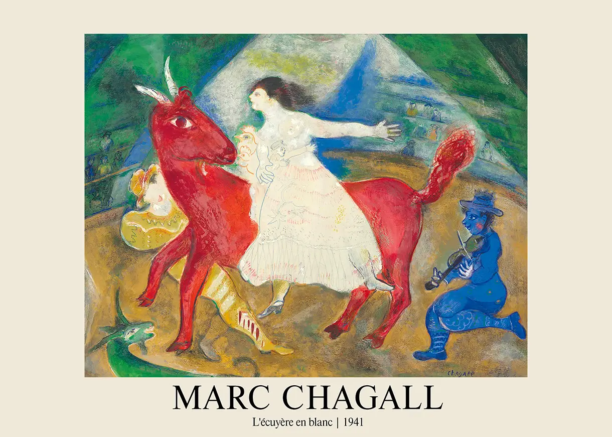 Classic Marc Chagall Art Print - L'Ecuyere En Blanc 1941 Gallery Poster Marc Chagall Art Print Of L'Ecuyere En Blanc 1941 Featuring A Woman On A Red Horse And A Blue Violinist In A Circus.