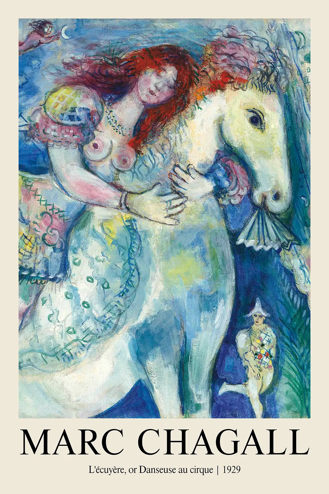 Classic Marc Chagall Circus Print - 1929 Danseuse Au Cirque Wall Art Marc Chagall Circus Print Featuring A Woman With Red Hair Hugging A White Horse In A Blue Surrealist Dream Setting.