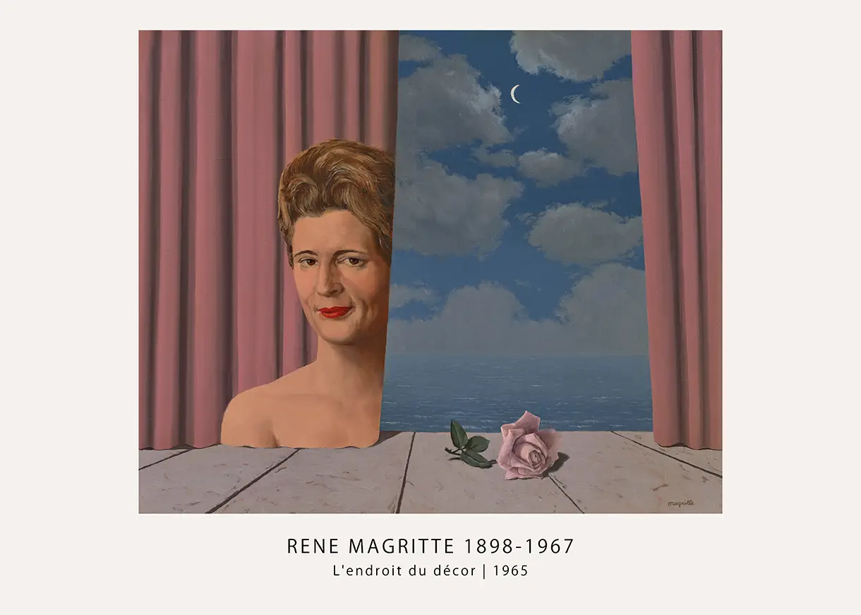 Exclusive Magritte Surrealist Poster - L'Endroit Du Décor 1965 Art Print Magritte Surrealist Poster Showing A Woman Behind Pink Curtains, A Night Sea, And A Rose On Wooden Floorboards.