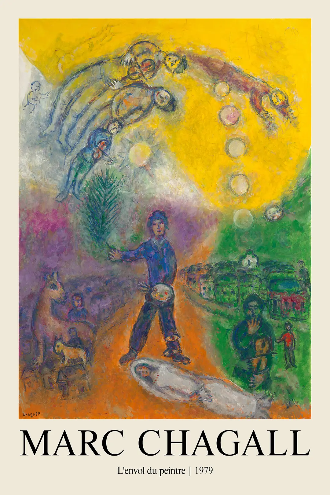 Authentic Marc Chagall Art Print - L'Envol Du Peintre 1979 Museum Poster Marc Chagall Art Print Showing L'Envol Du Peintre 1979 With A Painter And Floating Figures In Yellow And Green.