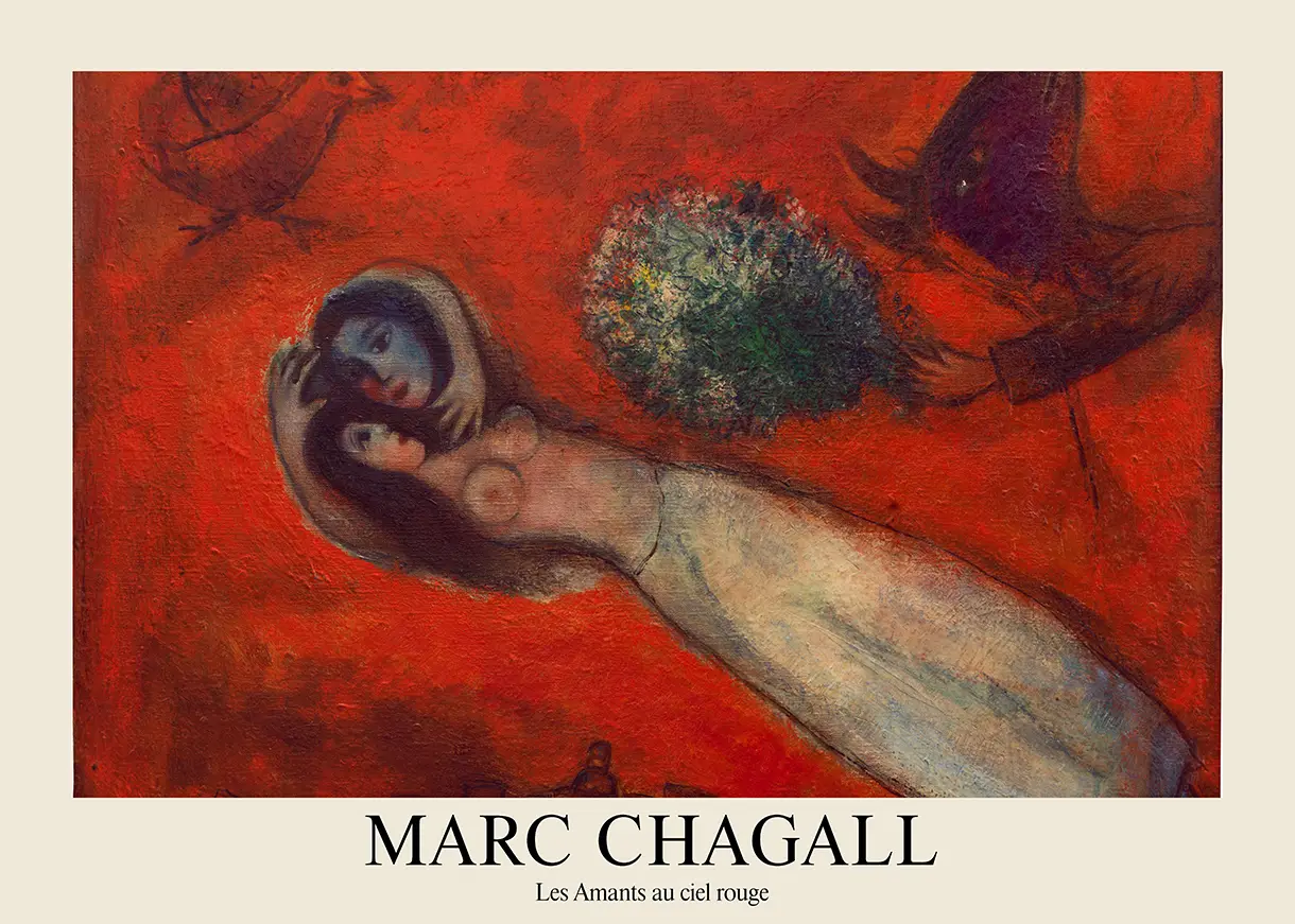 Authentic Marc Chagall Poster - Les Amants Au Ciel Rouge Vintage Wall Art Marc Chagall Poster Showing Les Amants Au Ciel Rouge With Lovers Floating In A Red Sky Near A Goat And Bird Figures.