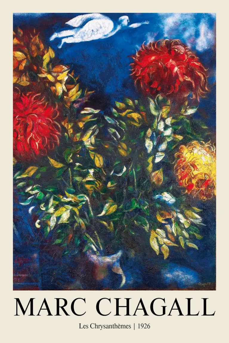 Chrysanthemes — dreamlike Marc Chagall art print featuring vibrant red and yellow