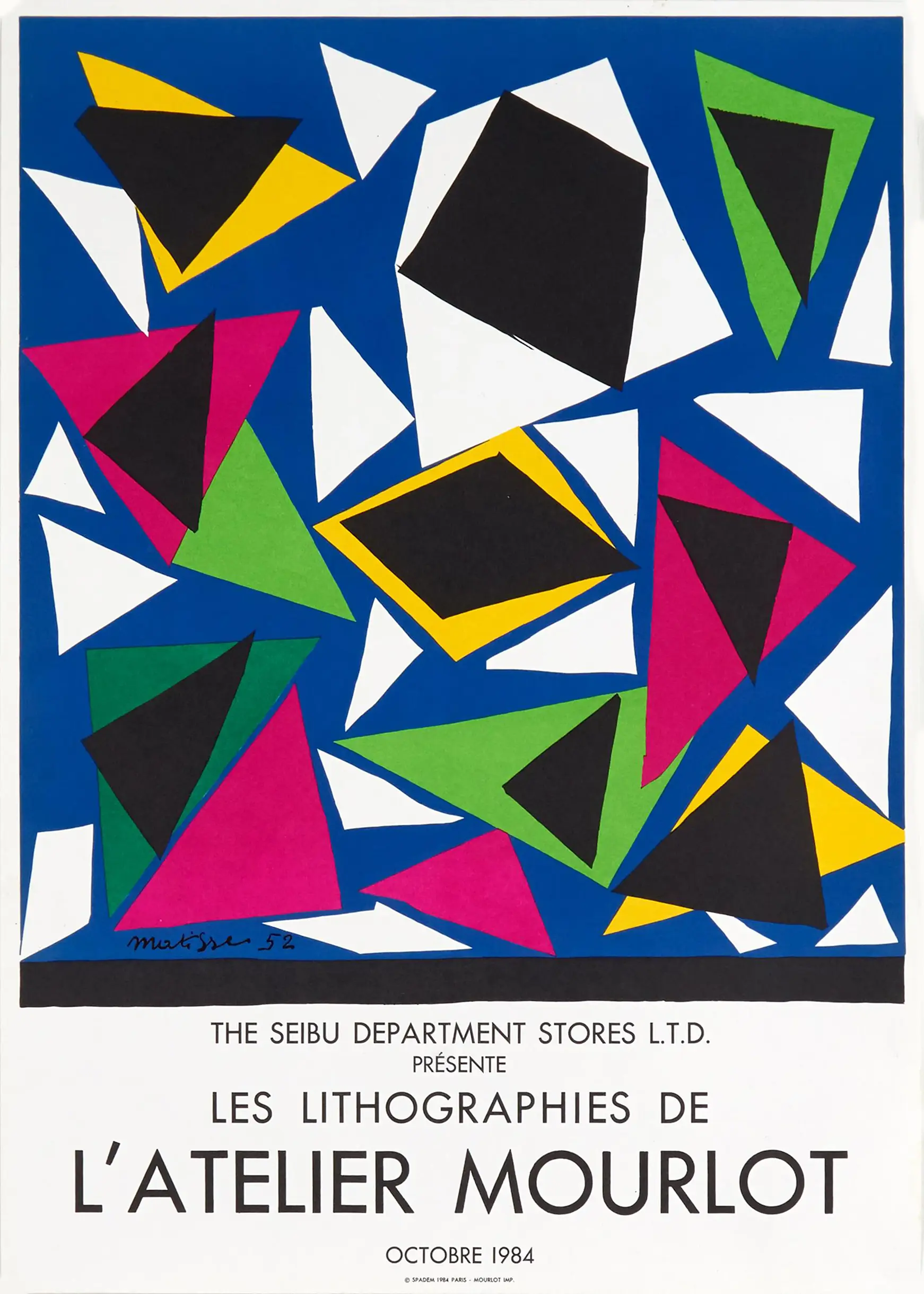 Matisse Mourlot Poster - 1984 Atelier Mourlot Exhibition Wall Art Matisse Mourlot Poster Featuring 1952 Abstract Geometric Shapes In Pink, Green, And Yellow On A Midnight Blue Background.