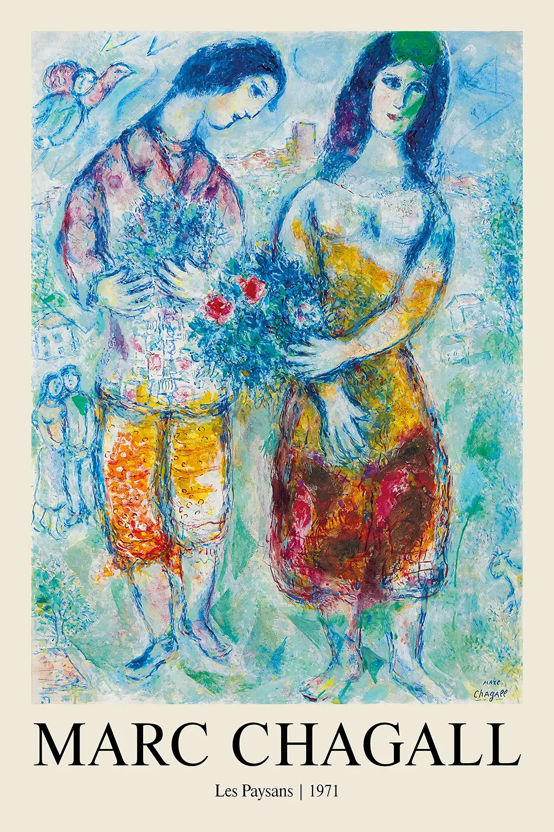 Classic Marc Chagall Les Paysans - 1971 French Modernist Wall Art Marc Chagall Les Paysans Poster Featuring A Colorful Blue And Yellow Painting Of A Peasant Couple Holding Flowers.