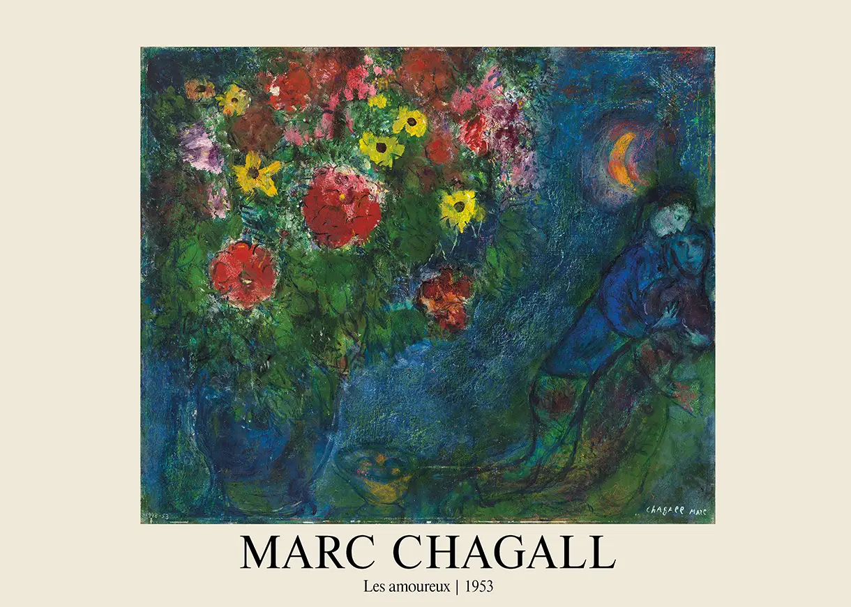 Marc Chagall Lovers Print - Les Amoureux 1953 Modern Surrealism Wall Art Marc Chagall Lovers Print Showing An Embracing Couple And A Large Floral Vase Under A Crescent Moon In Blue 1953 Style.