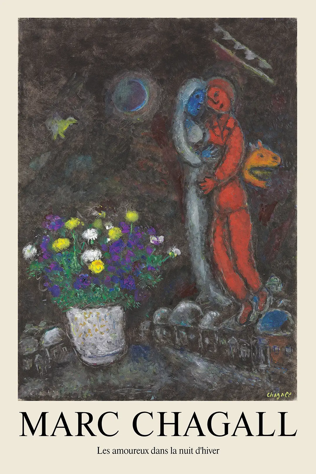 Classic Marc Chagall Art Print - Les Amoureux Dans La Nuit D'Hiver Poster Marc Chagall Art Print Showing Red And Blue Lovers Floating Over A Snowy Village With A Large Flower Bouquet.