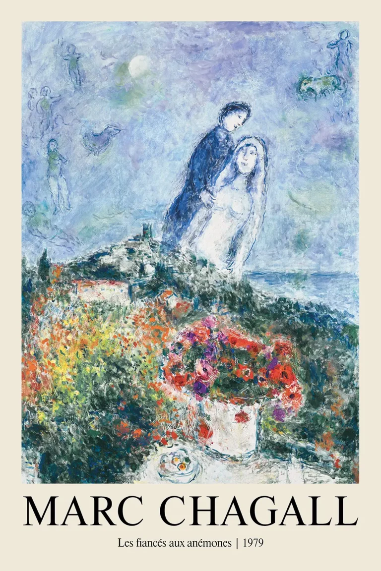 Marc Chagall les Fiances — dreamlike Marc Chagall painting featuring a romantic couple floating