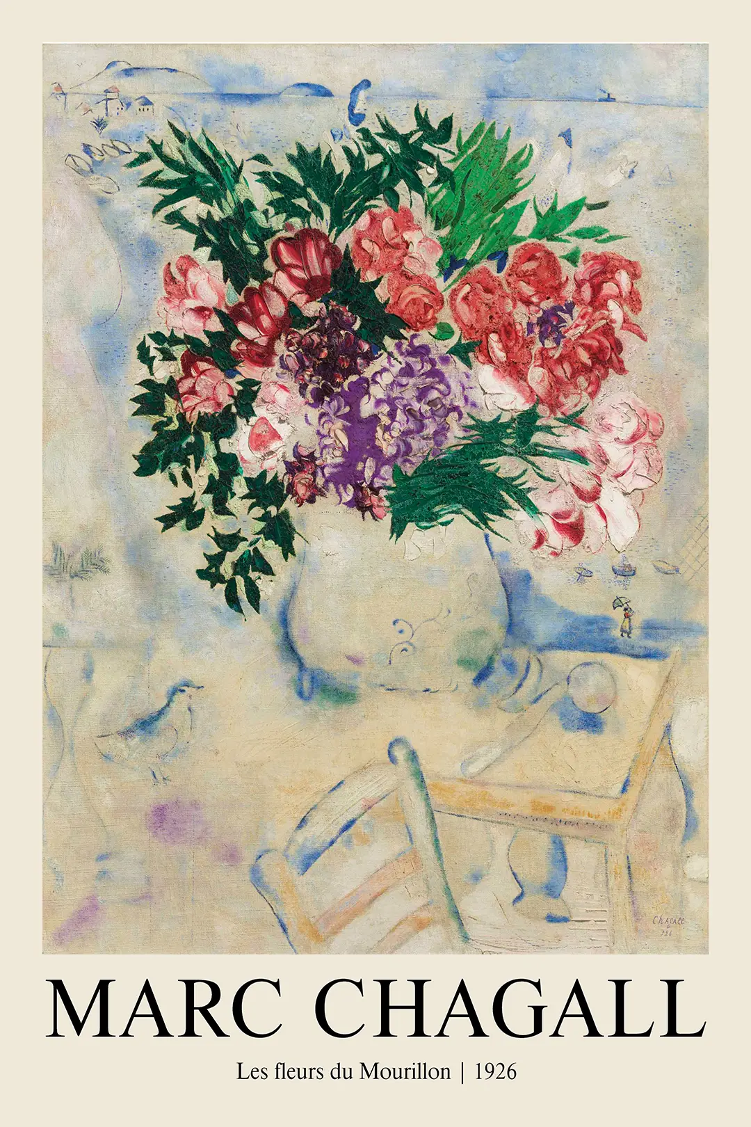 Marc Chagall Print - Classic Les Fleurs Du Mourillon 1926 Wall Art Marc Chagall Print Of Les Fleurs Du Mourillon 1926 Showing A Colorful Bouquet Of Flowers By A Blue Sea.