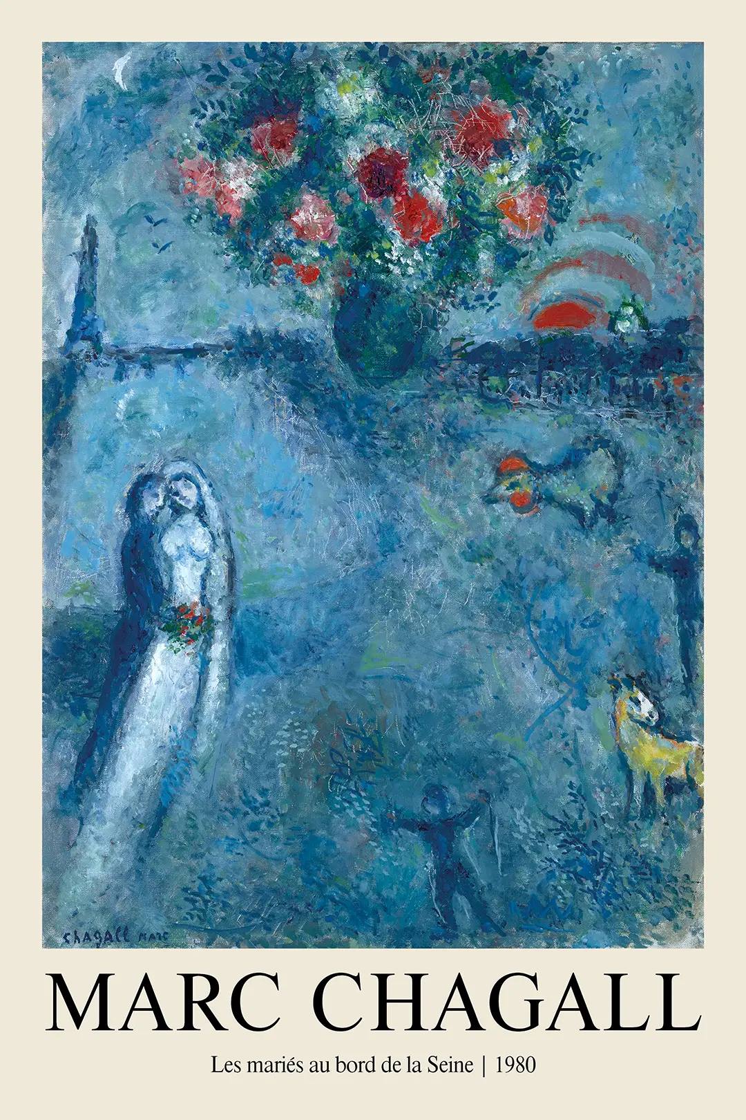 Classic Marc Chagall Art Print - Les Maries Au Bord De La Seine 1980 Marc Chagall Art Print Showing A Bride And Groom By The Seine In Paris With A Large Bouquet And Blue Background.