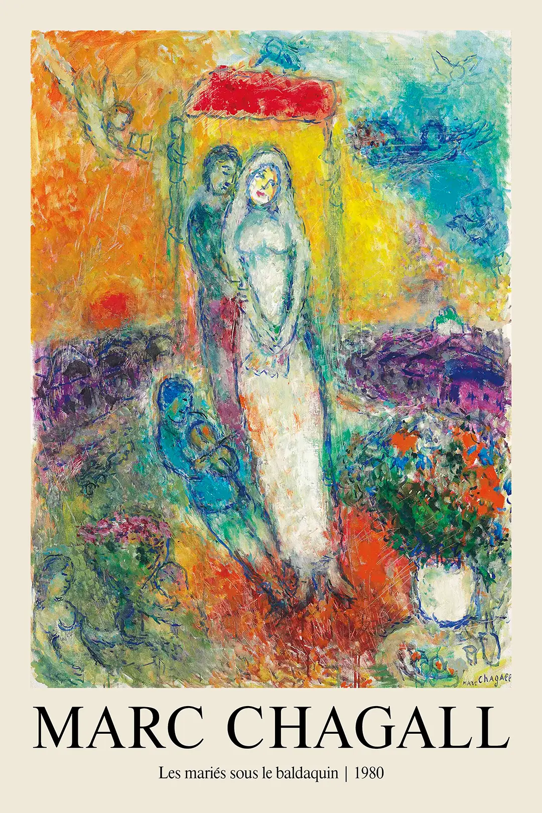 Classic Marc Chagall Print - Les Maries Sous Le Baldaquin 1980 Art Marc Chagall Print Of Les Maries Sous Le Baldaquin 1980 Featuring A Bride, Groom, And Blue Violinist In Vibrant Oil Colors.