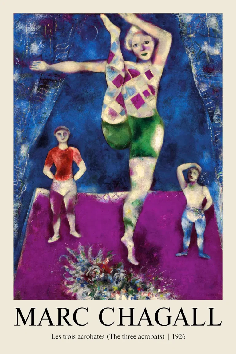 Marc Chagall les Trois — this 1926 Marc Chagall print features three acrobats on a vivid purple