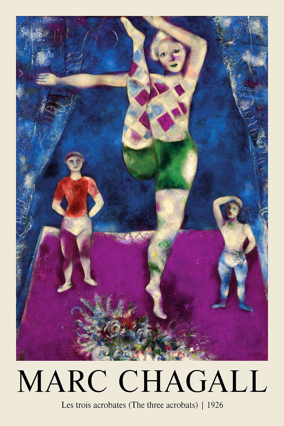 Marc Chagall Print - Les Trois Acrobates 1926 Circus Fine Art Poster Marc Chagall Print Of Three Acrobats In A Circus Ring With Harlequin Patterns And Deep Blue Background Textures.
