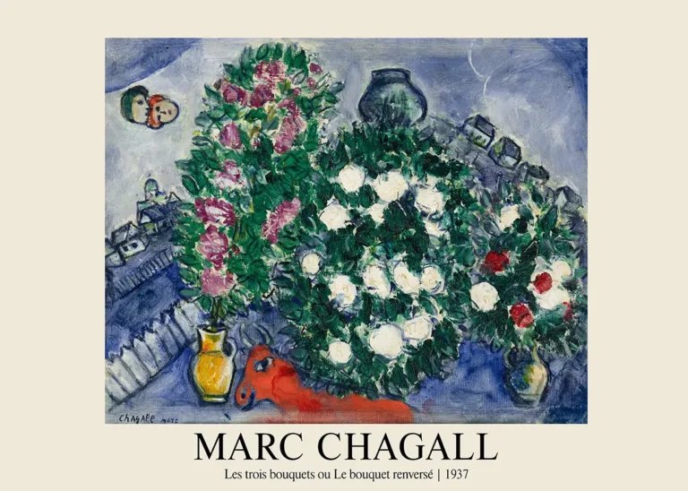 Les Trois Bouquets 1937 — dreamlike 1937 Marc Chagall composition featuring vibrant floral
