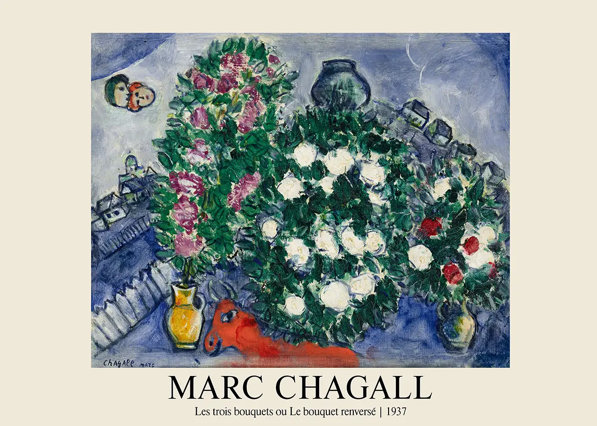 Classic Marc Chagall Poster - Les Trois Bouquets 1937 Surrealist Wall Art Marc Chagall Poster Showing Les Trois Bouquets 1937 With White Roses, Pink Flowers, A Red Cow, And A Blue Village.