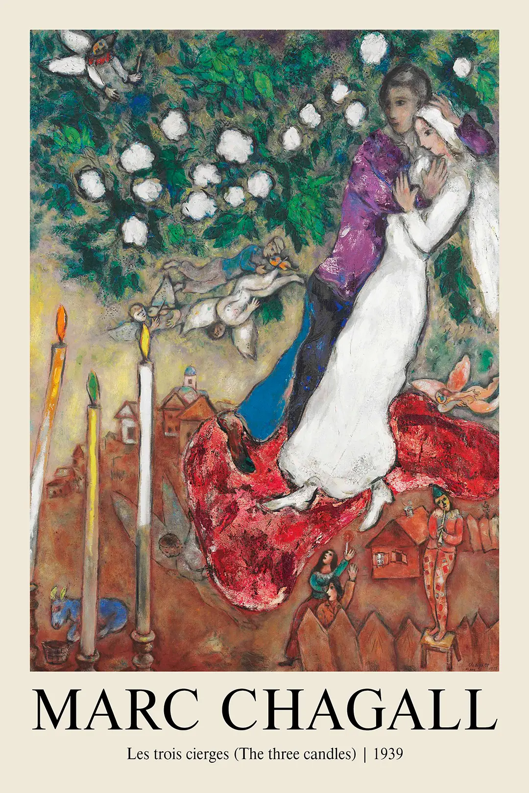 Marc Chagall Print - Les Trois Cierges 1939 Fine Art Poster Marc Chagall Print Showing The 1939 Painting Les Trois Cierges With A Floating Bride And Groom And Tall Burning Candles.