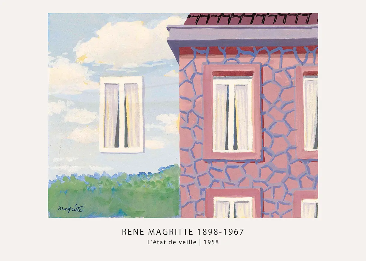 Authentic Rene Magritte Print - L'Etat De Veille 1958 Surrealist Art Rene Magritte Print Of L'Etat De Veille 1958 Featuring A Pink Building With Blue Stone Patterns And A Floating Window.