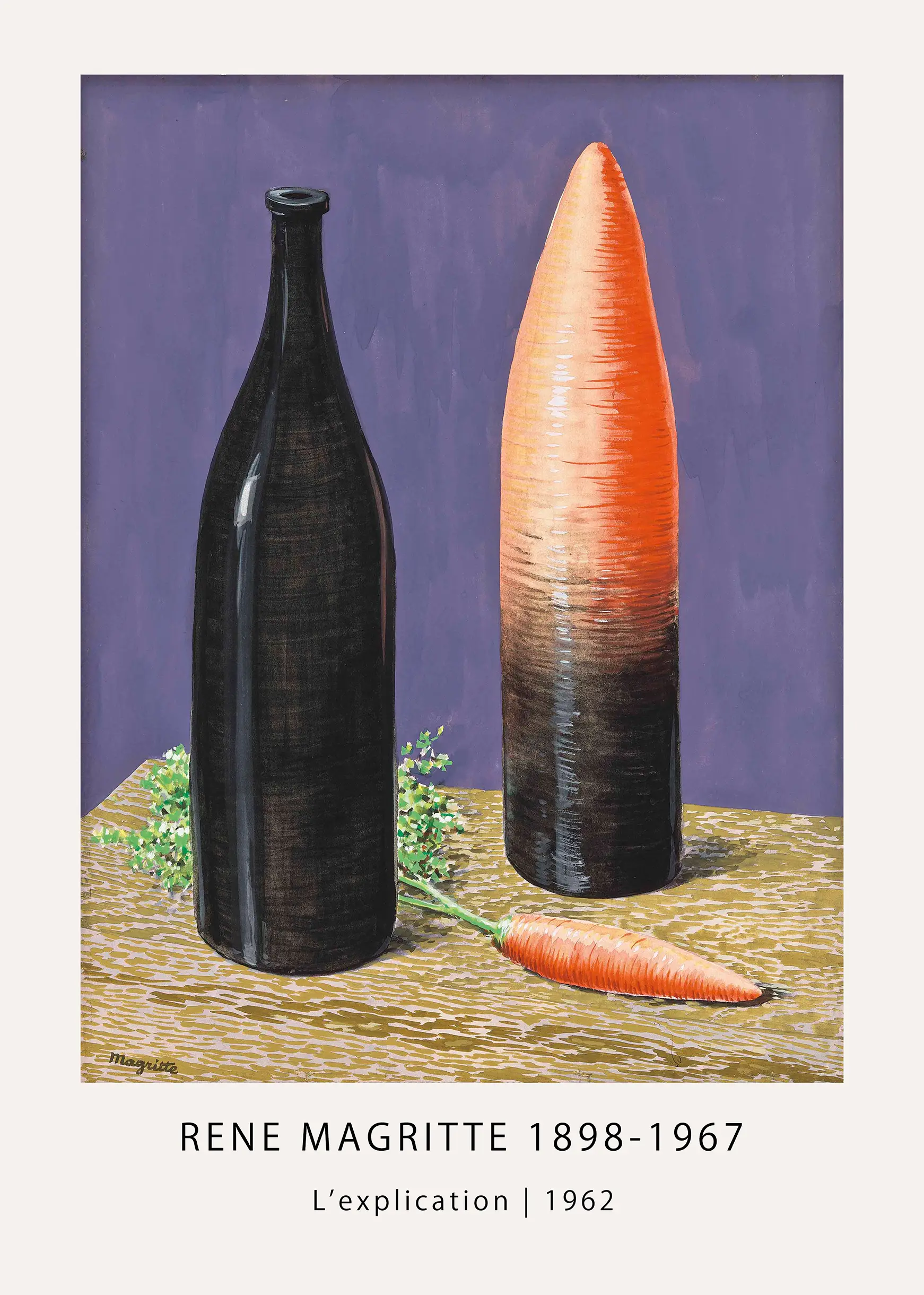 Authentic René Magritte L'Explication - Surrealist Art Print Poster René Magritte L'Explication Print Showing A Bottle And Carrot Morphing On A Table Against A Purple Background.