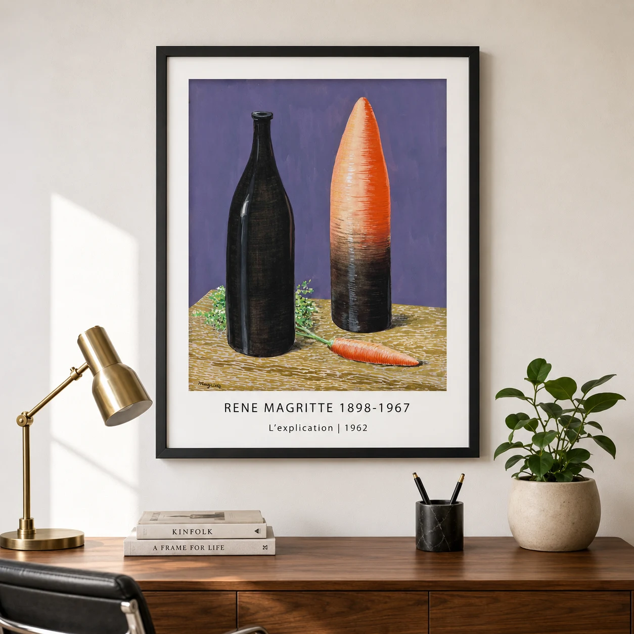 Room mockup of L'explication Print, Magritte Bottle and Carrot Art, displayed as framed wall art in a living room setting as a portrait print with orange tones.