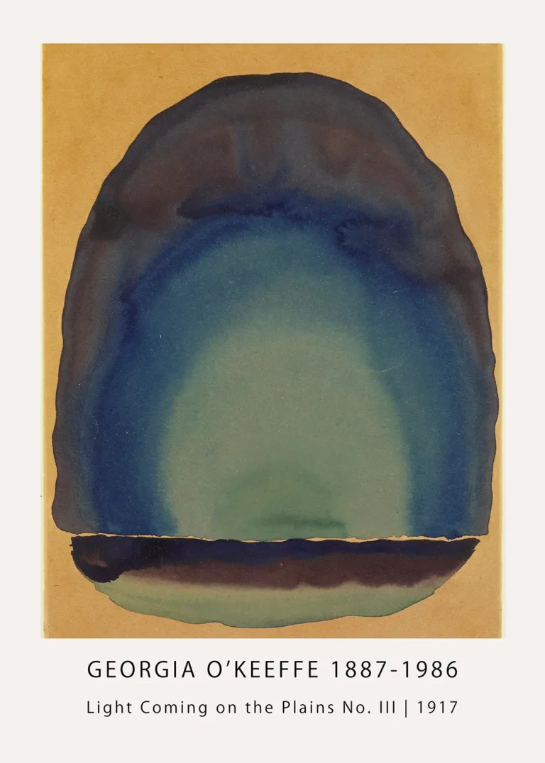 Georgia O'Keeffe print of Light Coming on the Plains No. III showing blue abstract watercolor arcs on a tan background.