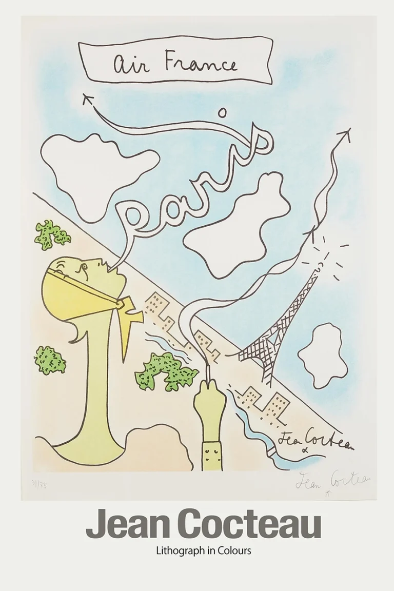 Jean Cocteau Air France — whimsical Jean Cocteau lithograph for Air France featuring a profile