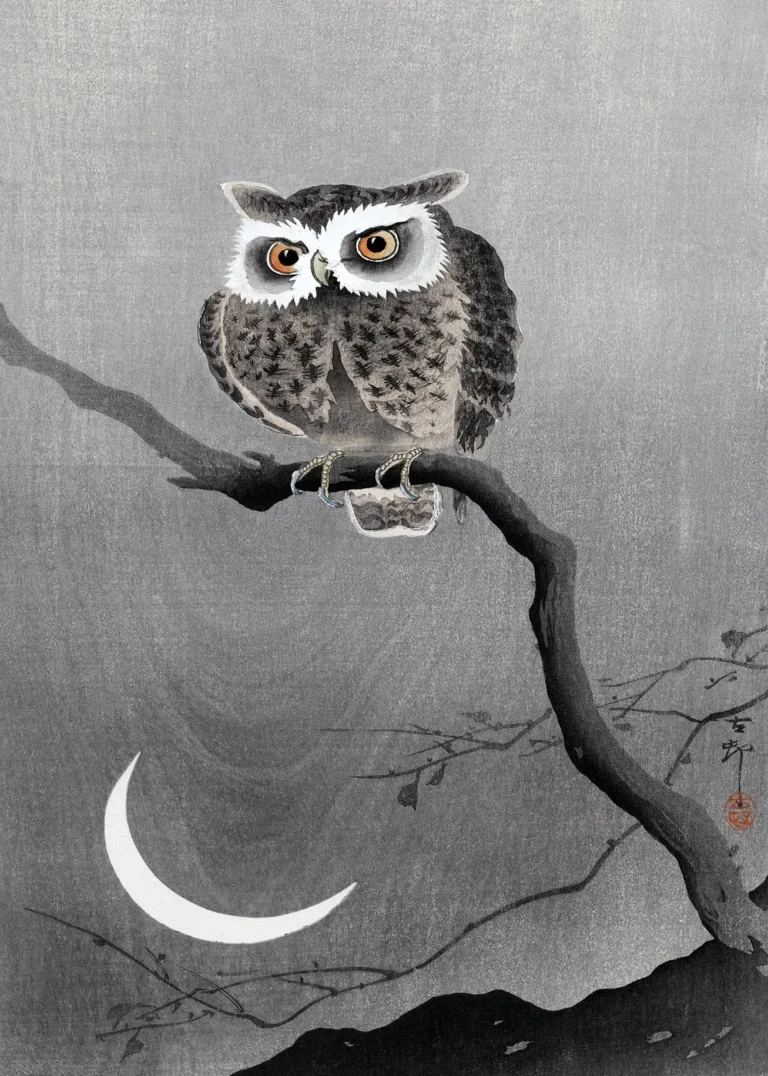 Long Eared Owl Tree — meticulously detailed long-eared owl with striking amber eyes perched