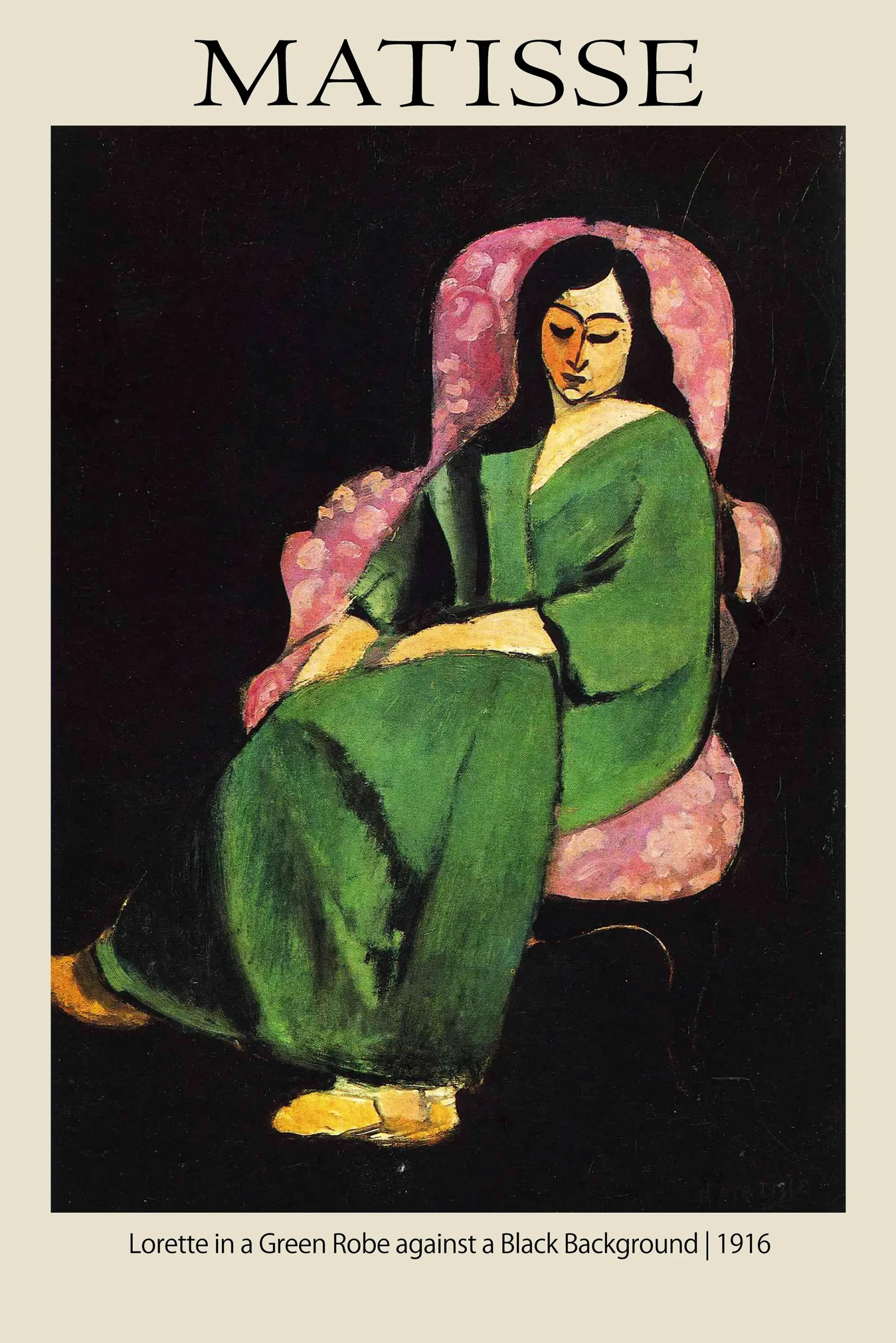 Matisse Lorette print featuring a woman in a green robe seated in a pink floral chair against a black background.