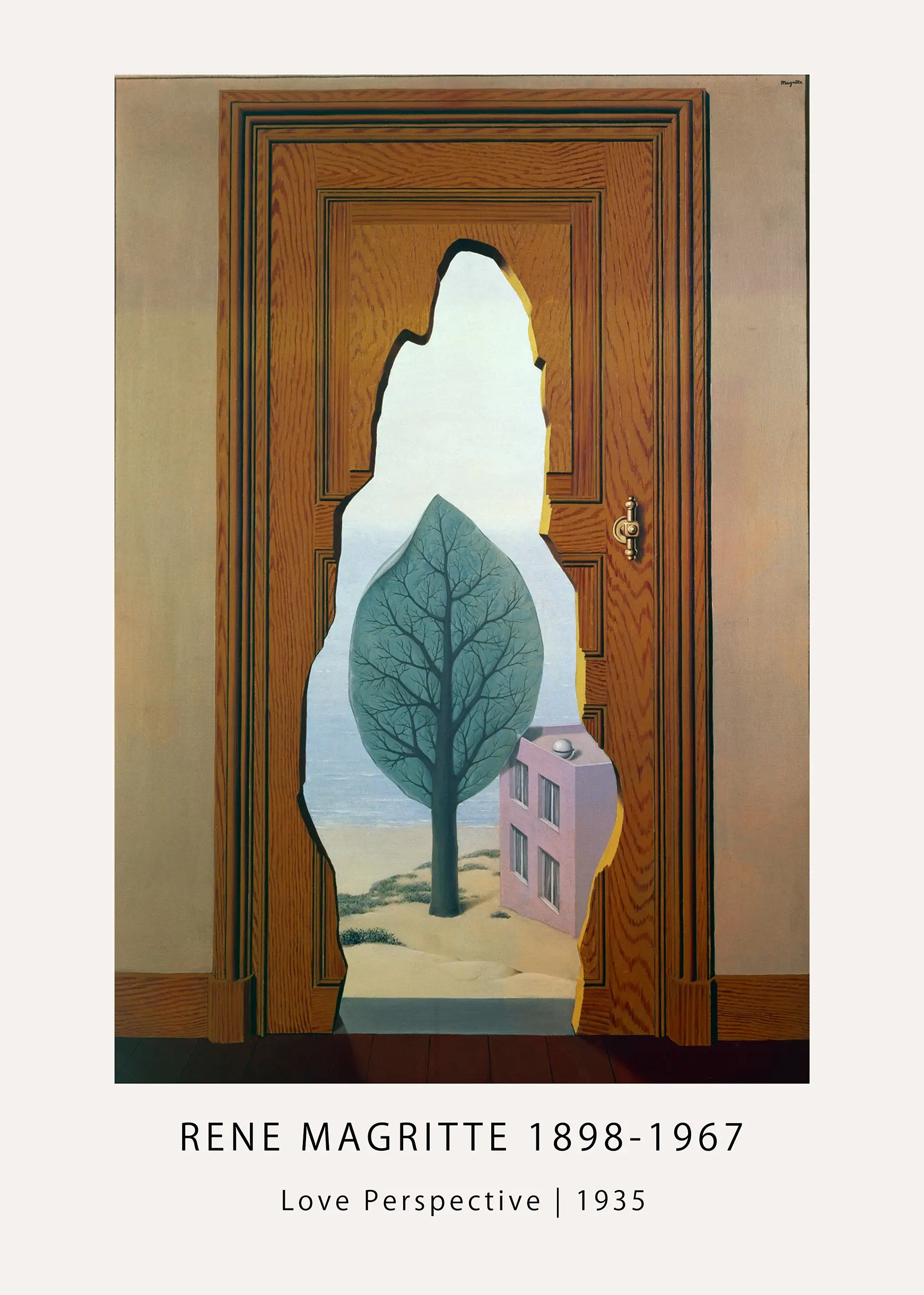 Exclusive Magritte Love Perspective - 1935 Surrealist Exhibition Poster Magritte Love Perspective Surrealist Art Print Showing A Broken Wooden Door Looking Out Onto A Blue Tree And Pink House.