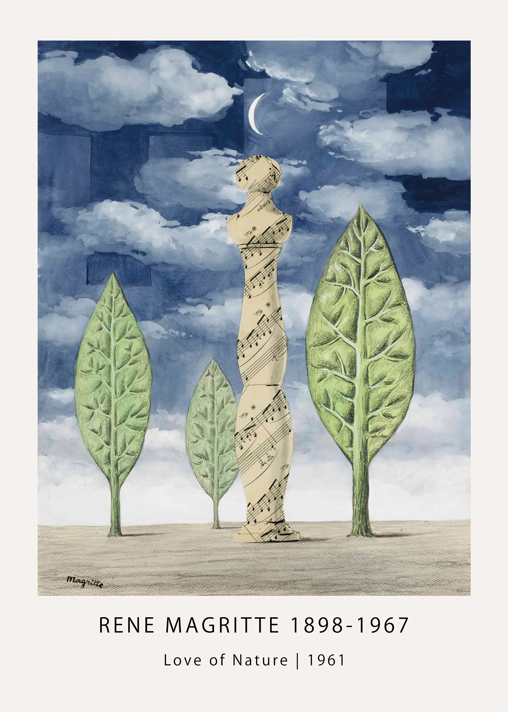 Classic Rene Magritte Poster - Love Of Nature 1961 Surrealist Wall Art Rene Magritte Poster Love Of Nature 1961 Surrealist Print With Music Sheet Figure And Leaf Trees Under Crescent Moon.
