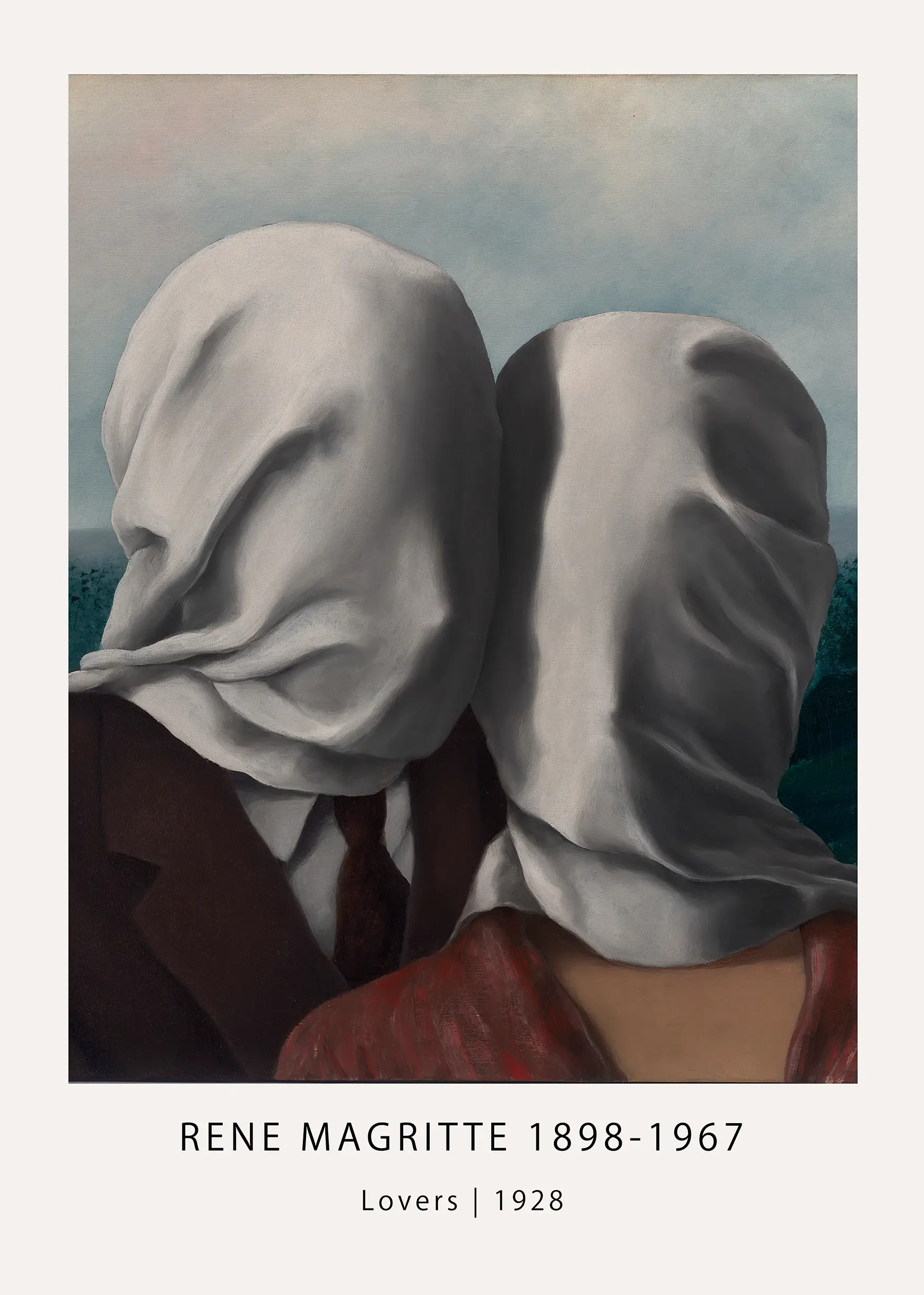 Rene Magritte Lovers print showing two figures with white cloth over their faces in a surreal 1928 oil painting style.