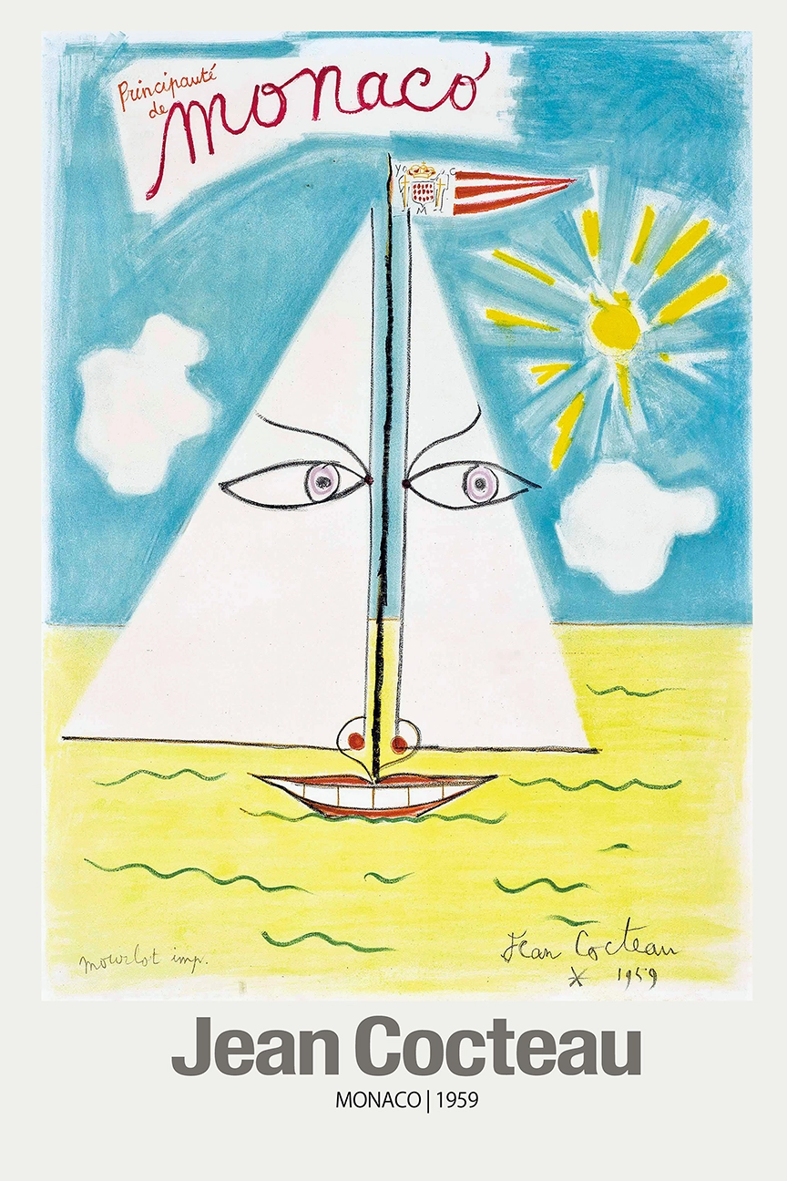 Jean Cocteau Monaco Poster - 1959 Surrealist Sailboat Wall Art Jean Cocteau Monaco Poster Featuring A 1959 Surrealist Sailboat With A Face, Yellow Sea, And Sun On Museum Matte Paper.
